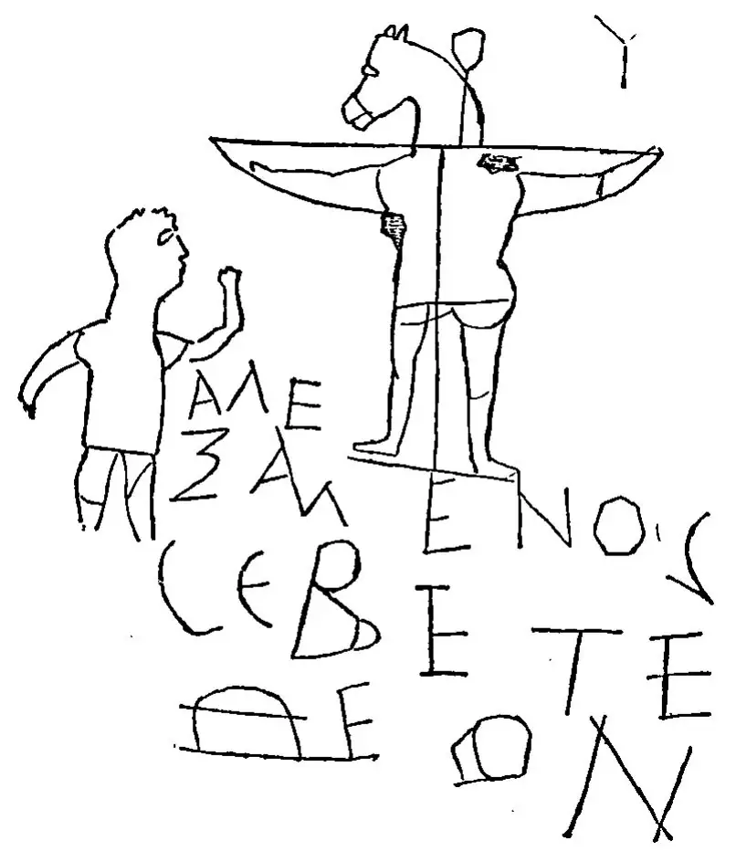 Strichzeichnung einer Wandritzung: Ein Gekreuzigter mit Eselskopf, von hinten gesehen; links davor ein Mann, der eine Hand erhebt; darunter in griechischen Großbuchstaben „Alexamenos verehrt Gott“.