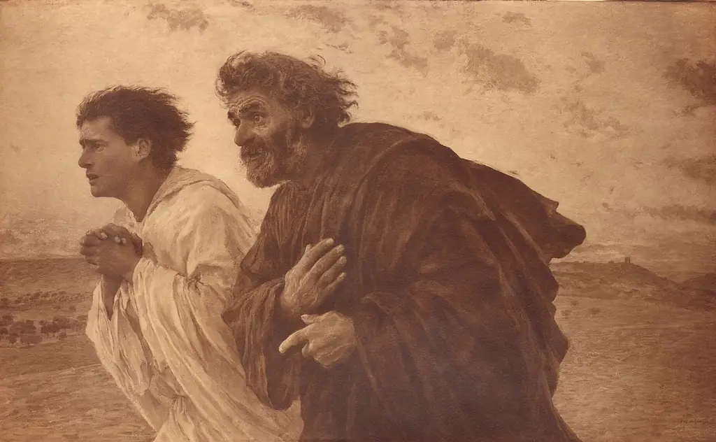 Gemälde in Sepia: Zwei Männer laufen im frühen Licht durch eine weite Landschaft, vorn Johannes, jung, mit gefalteten Händen, daneben Petrus, älter, mit wehendem grauem Haar und Bart, die Hand auf der Brust.
