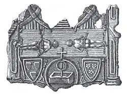 Zeichnung eines Pilgerzeichens aus Blei: Zwei Geistliche halten ein langes Tuch, auf dem ein Mann von vorn und von hinten zu sehen ist; darunter zwei Wappen und ein leeres Grab.